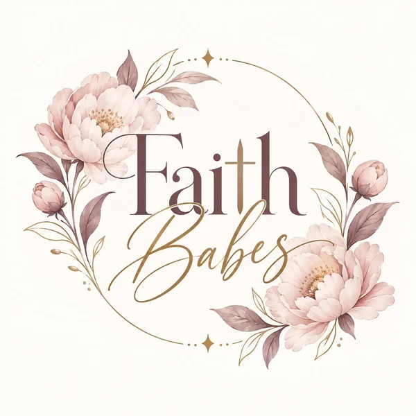 Faith Babes logo, blush peonies and gold vine around the words Faith Babes